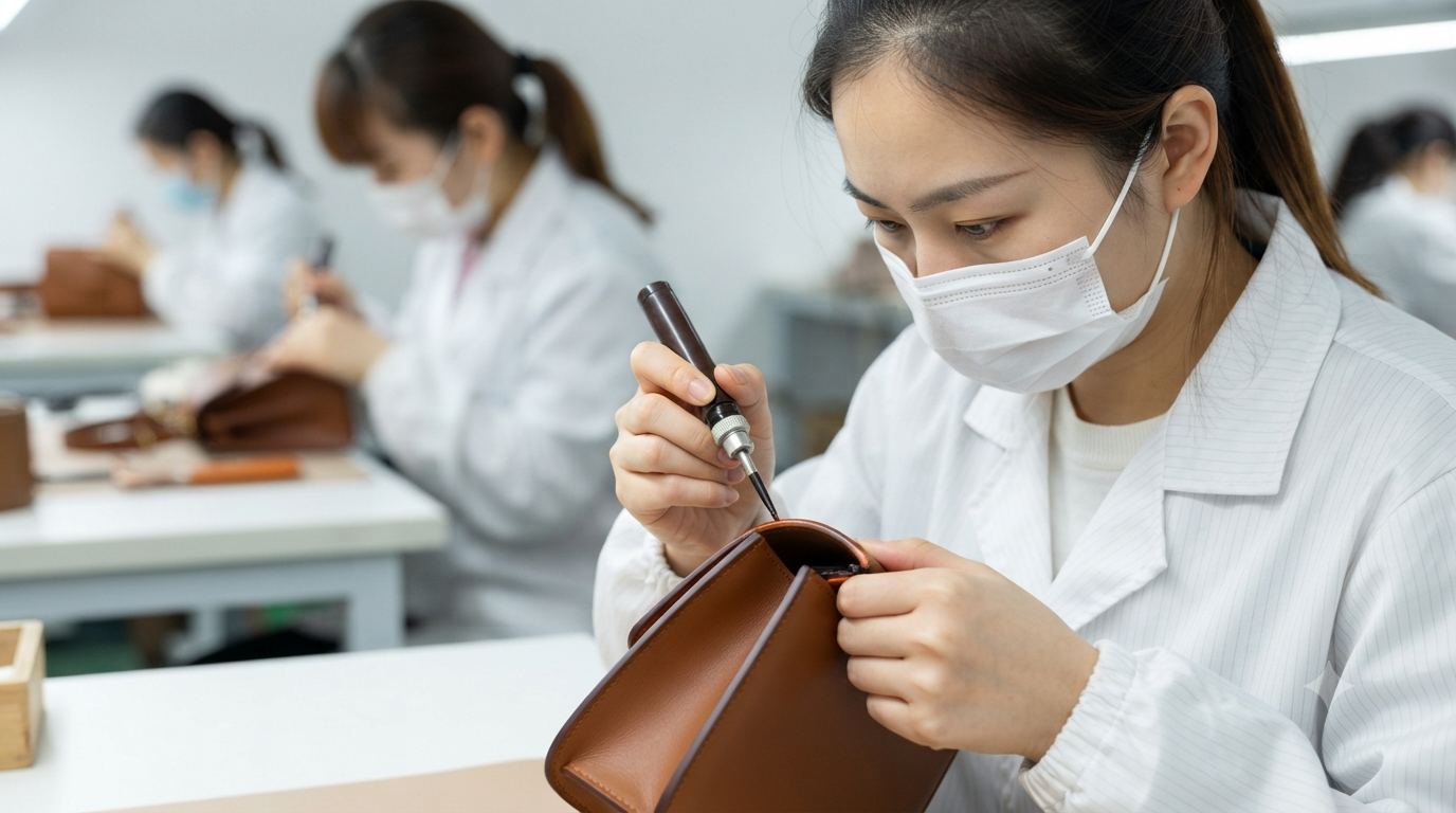 Skilled artisan hand-finishing the edge of a custom leather handbag on Guangda's production floor in Liaoning, China