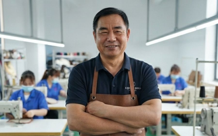 Founder of Guangda Leather Goods Co., Ltd. standing in the Liaoning handbag factory, with the sewing production line visible in the background