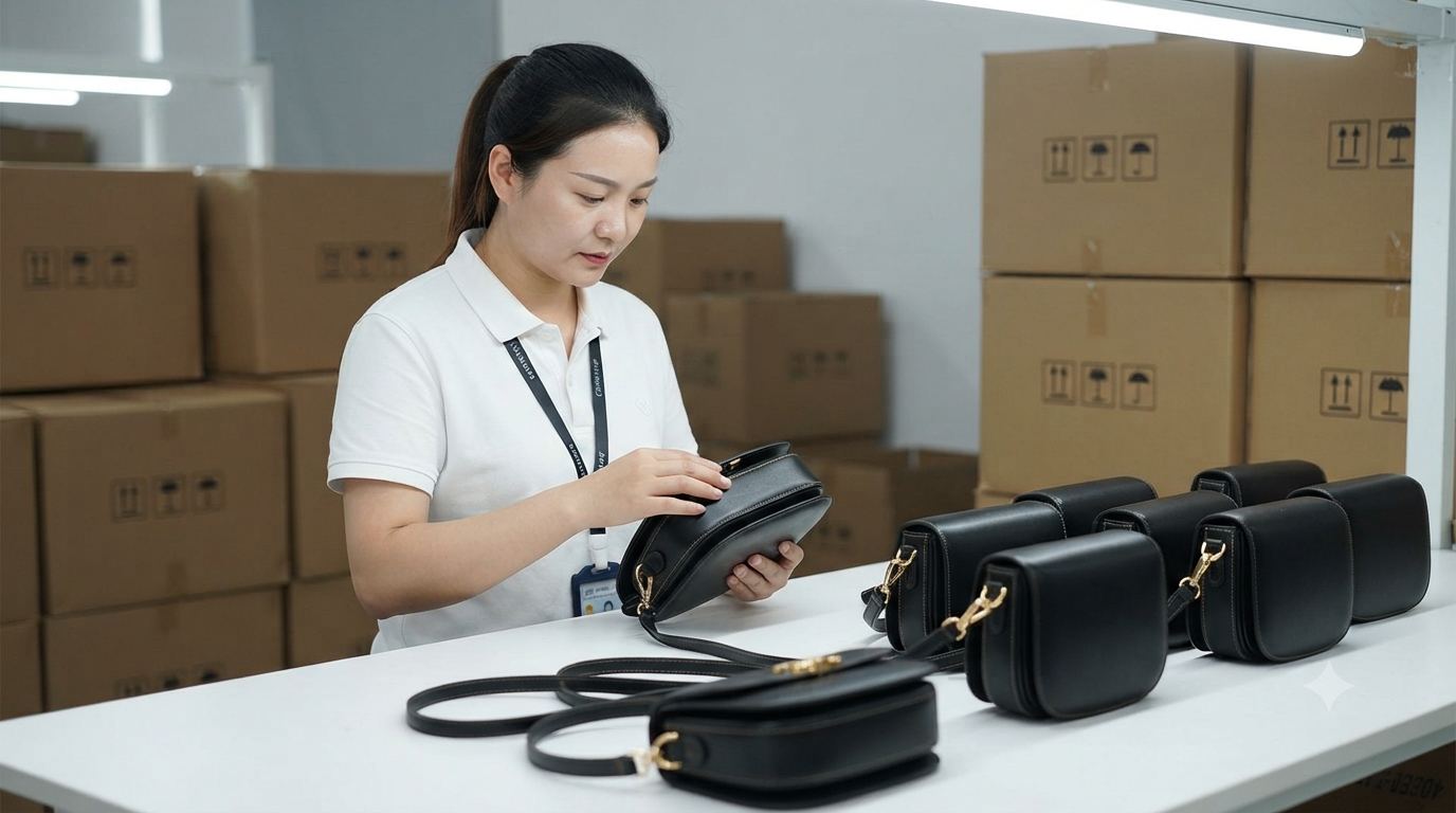 Quality control inspector examining finished black crossbody bags before packing