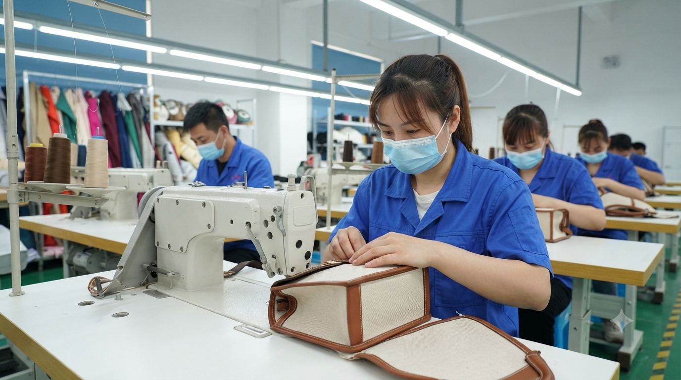 Sewing line workers assembling canvas and leather-trim tote bags on industrial sewing machines